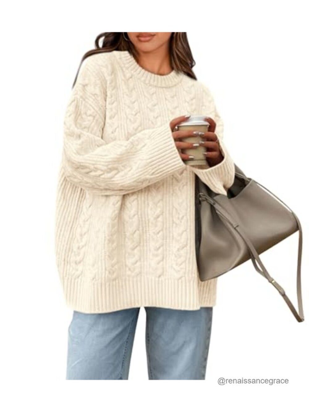 Oversized Cable Knit Crew Neck Pullover Sweater